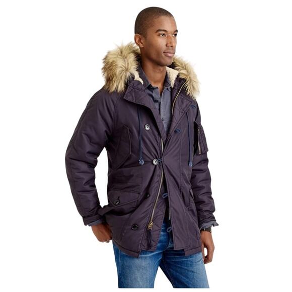 J. Crew Mens Snorkel Parka Jacket Faux Fur Hood Navy Blue Cold Weather Size S - Picture 7 of 16